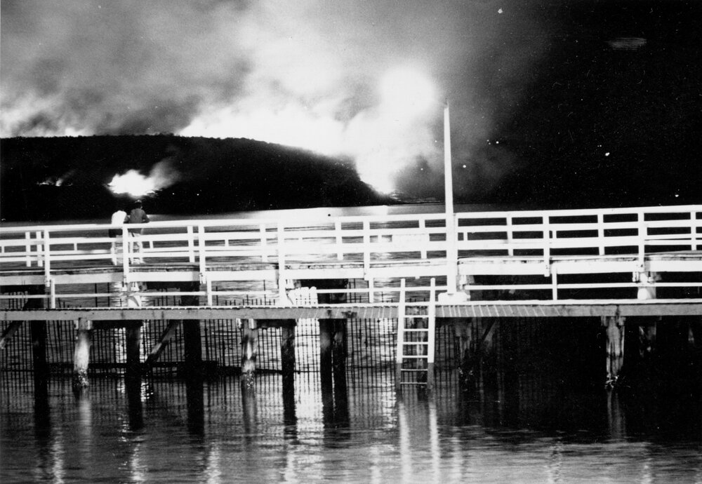 Fire at Dobroyd Head taken from Manly Cove, Manly, c1967&ndash;1973