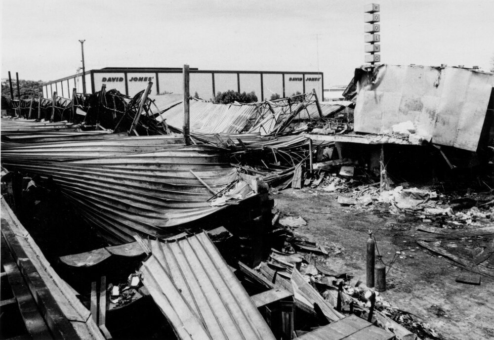 Fire damage to the Woolworths store at Warringah Mall, Brookvale, 1973