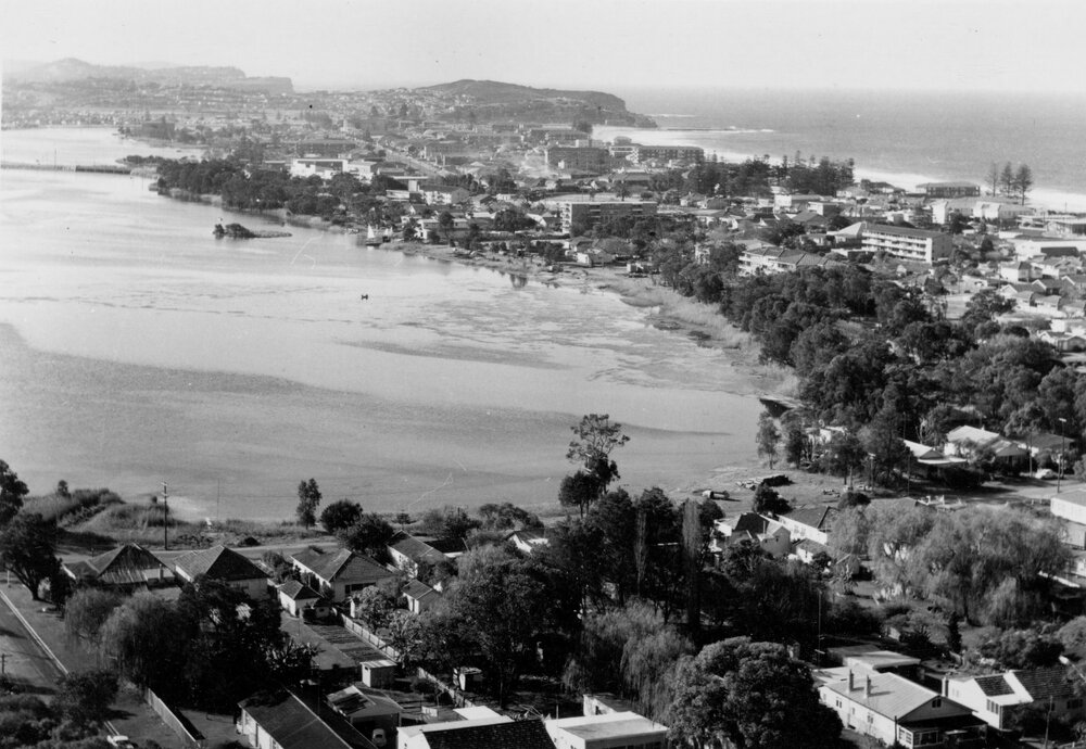 Aerial view of Narrabeen Lagoon and Narrabeen Beach, c1967&ndash;1973