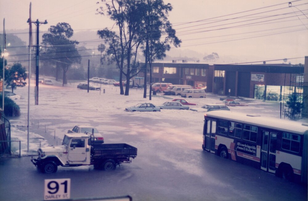 Flooded intersection at Darley Street, Mona Vale, 1988
