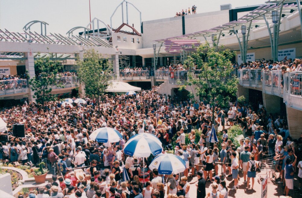 Crowd gathering for The Corrs at Warringah Mall, Brookvale, 1998