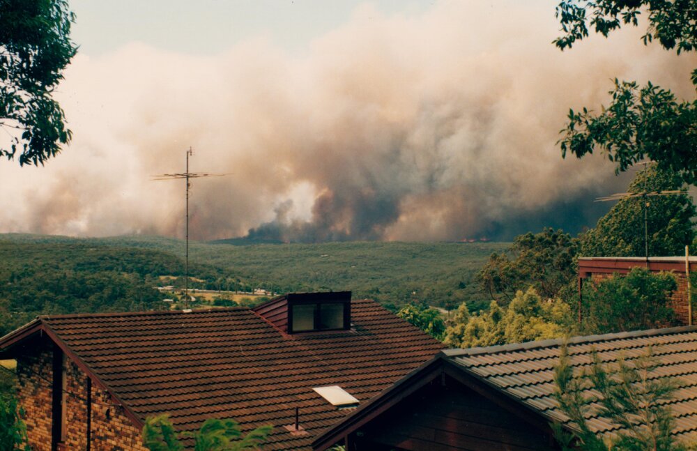 Bush fire smoke over Frenchs Forest from residential area, Frenchs Forest, 1994