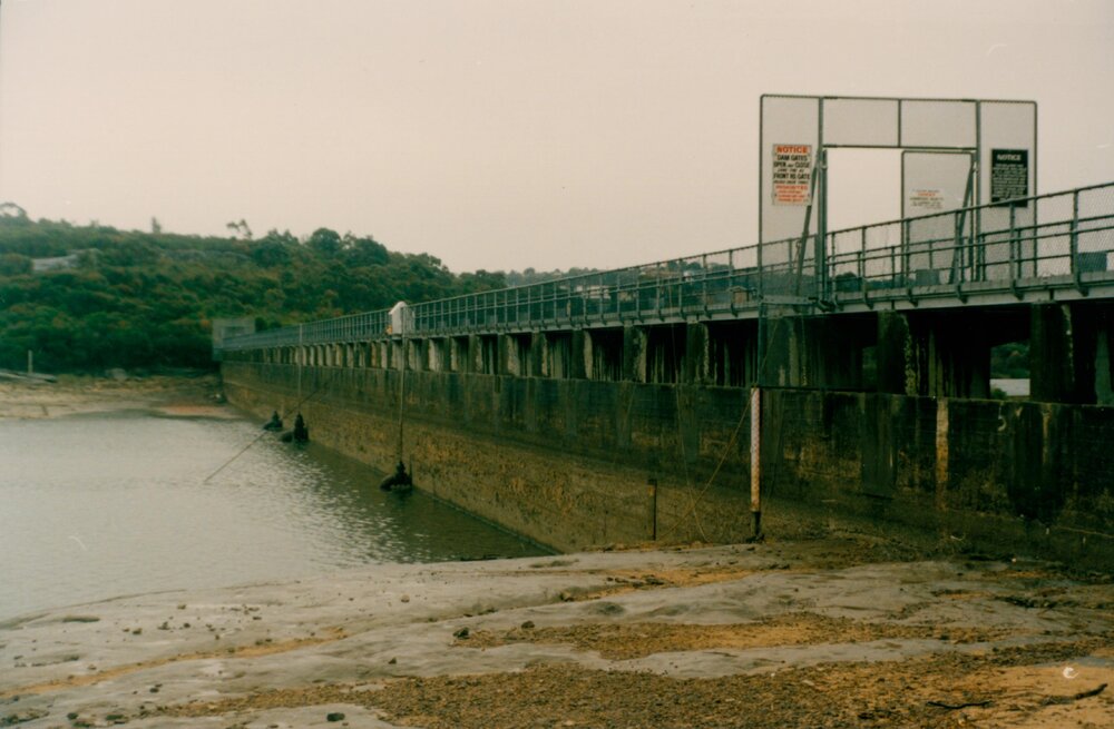 Manly Dam wall at low water level, Manly, 1985
