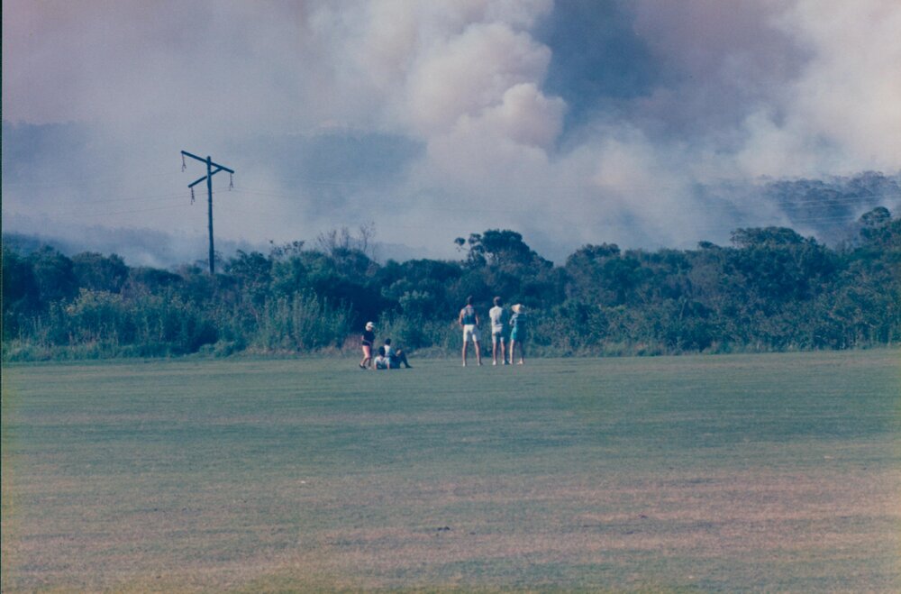 Smoke from bush fire viewed from field, Allambie Heights, 1990