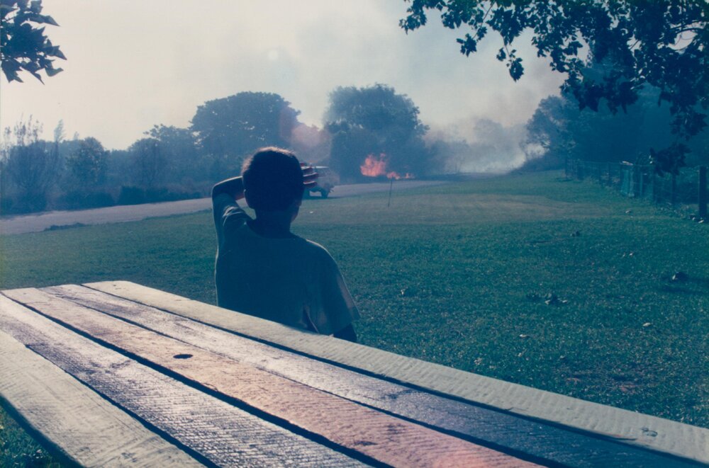 Bush fire activity near playing field, Allambie Heights, 1990