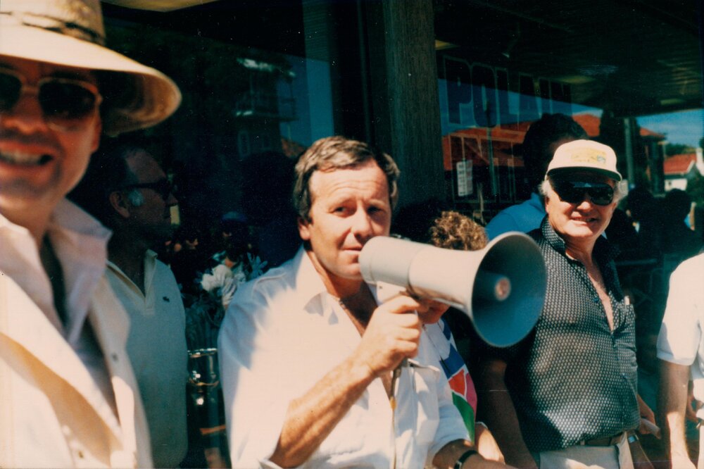 John Goss with the megaphone at Seaforth Motor Race show, Seaforth, 1985