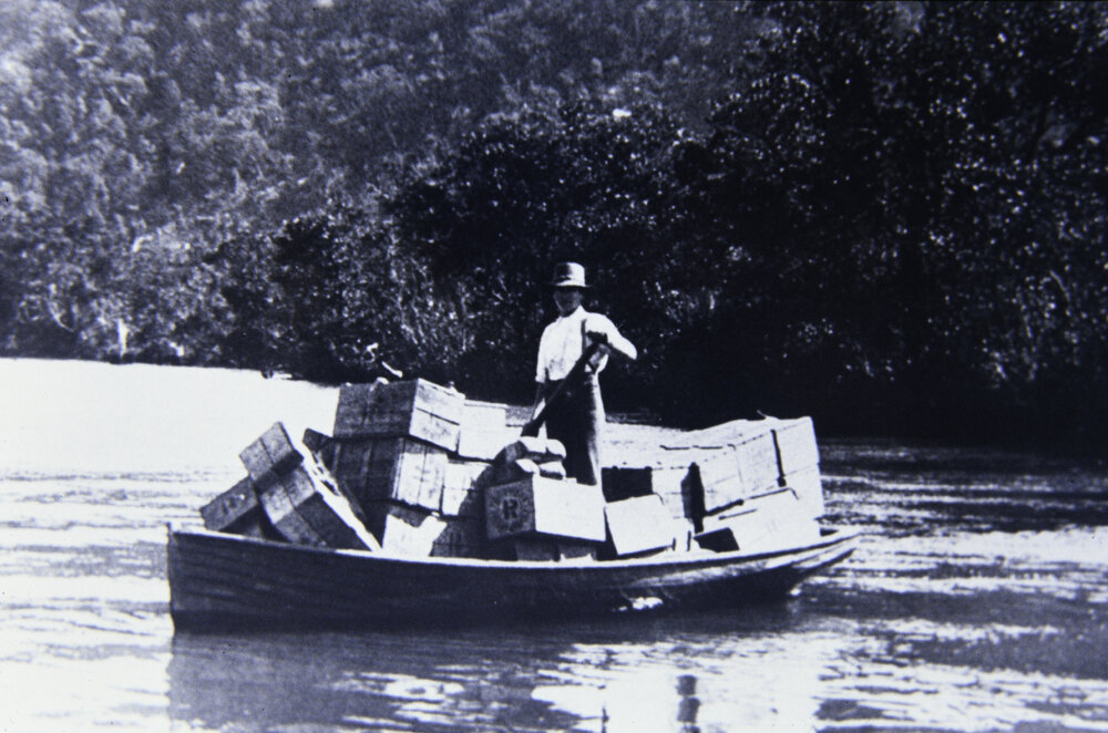 Cargo being rowed down the Hawkesbury River, c1900