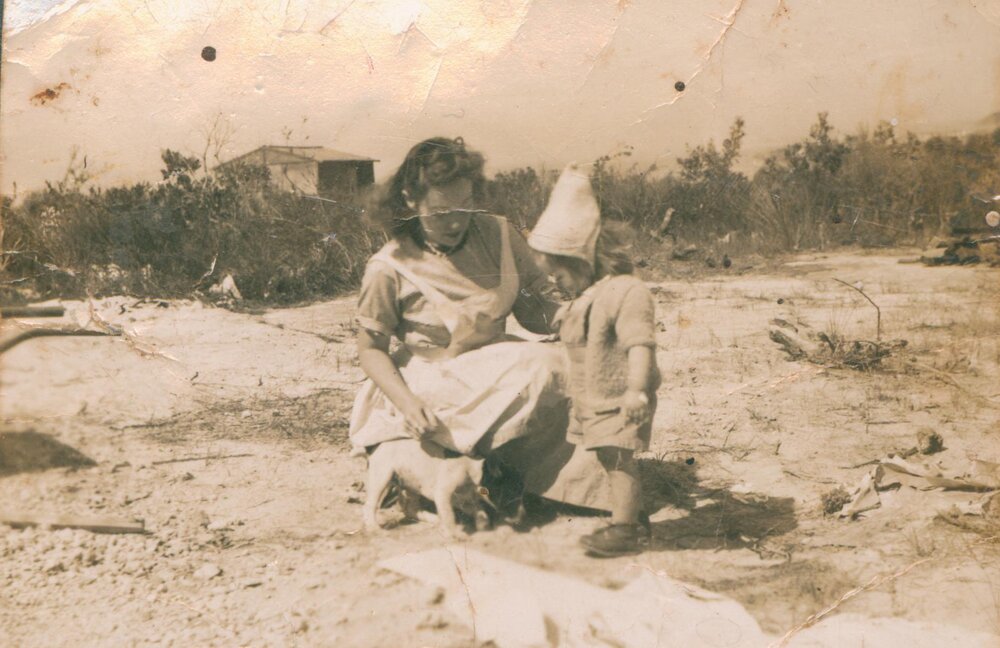 Bettine van der Pot with daughter Jenny at the site of their future home 34 Boomerang Road, Collaroy Plateau, c1946