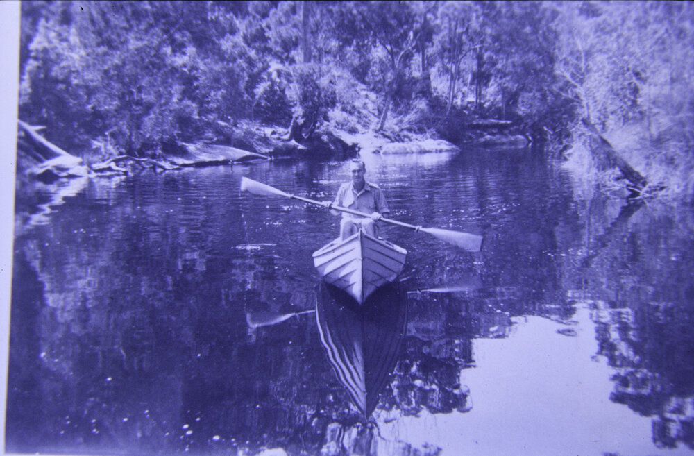 Ken Blacket in a Clinker Boat on Deep Creek, North Narrabeen, 1940s