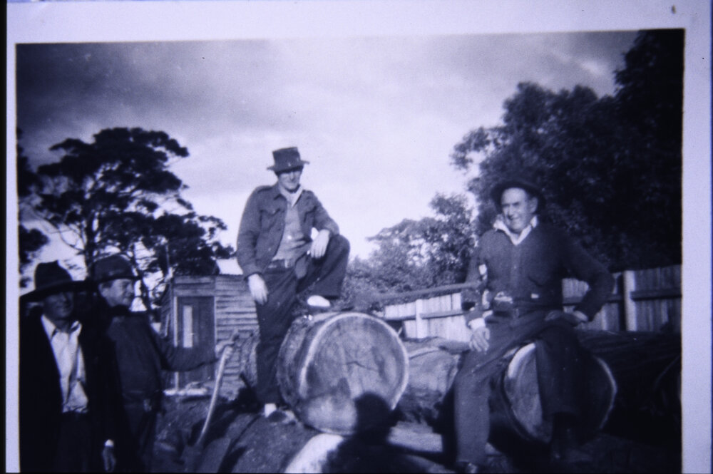 Frank and John Machon, George James and Billy Hay at Machon's saw mill, North Narrabeen, c1930