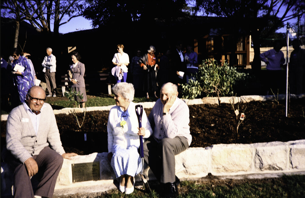 Rose and Wal Ling sitting by the Bicentennial Rose Garden at the Nelson Heather Centre, Warriewood, 1988