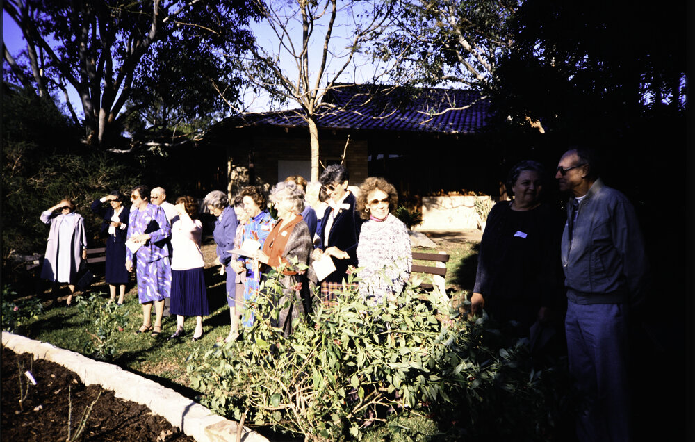 Narrabeen Seniors Club Members at the Newly Opened Bicentennial Rose Garden at the Nelson Heather Centre, Warriewood, 1988