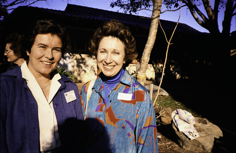 Pat Brown and Heather Macdonald at the opening of the Bicentennial Rose Garden at the Nelson Heather Centre, Warriewood, 1988