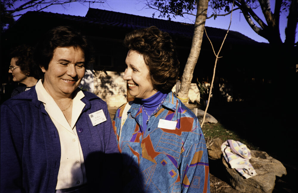 Pat Brown and Heather Macdonald at the opening of the Bicentennial Rose Garden at the Nelson Heather Centre, Warriewood, 1988