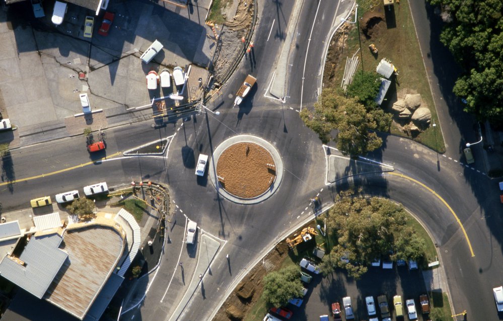 Aerial View of roundabout corner Park Street, Pittwater Road and Bungan Street, Mona Vale