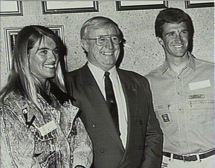 Pam Burridge and Barton Lynch at reception for the competitors in the Coca Cola Bottlers Surf Classic, North Narrabeen Beach
