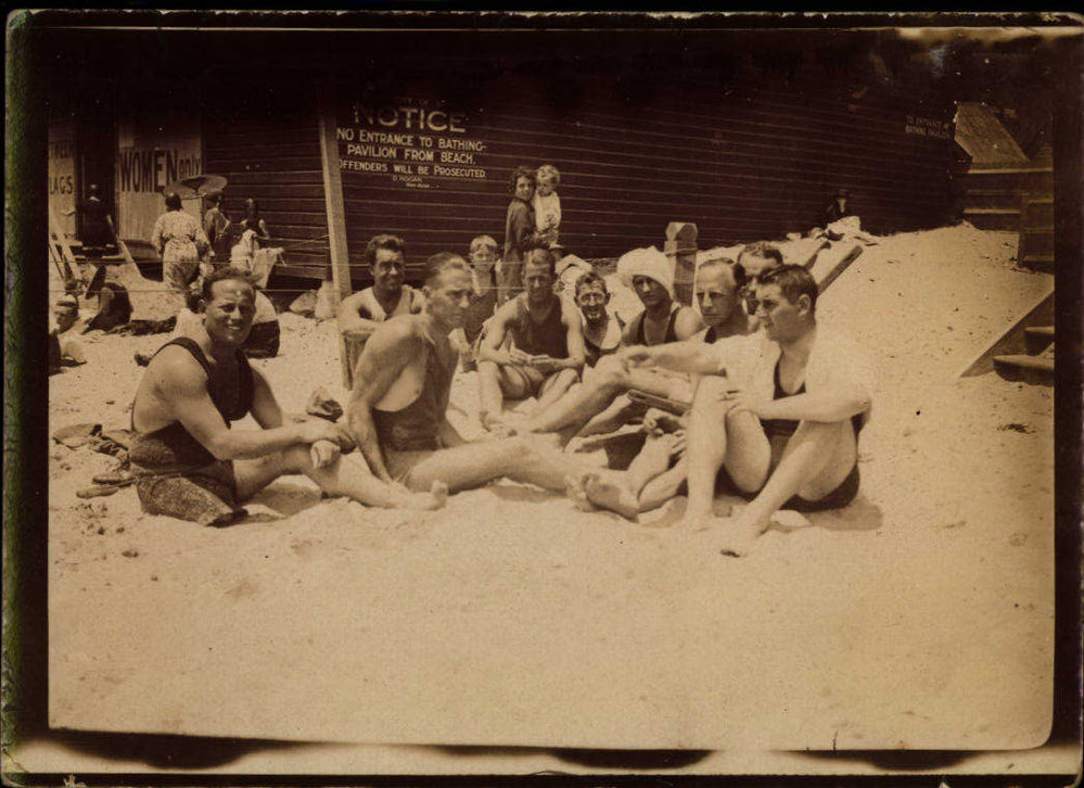 Group of male bathers on Manly Beach