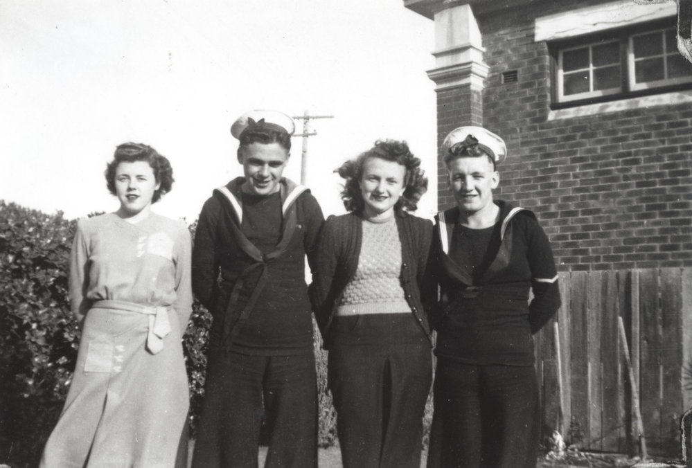 Olga Larkin and friend, Erica with sailors, Collaroy