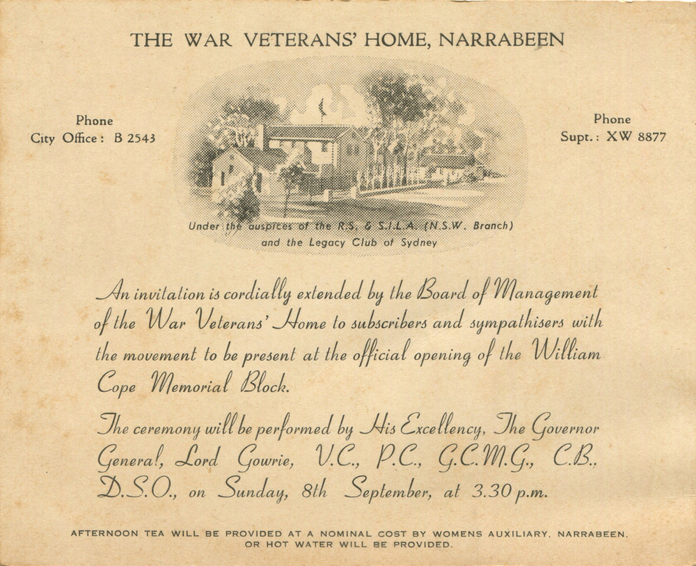 Invitation to opening of War Veterans' Home, Collaroy Plateau