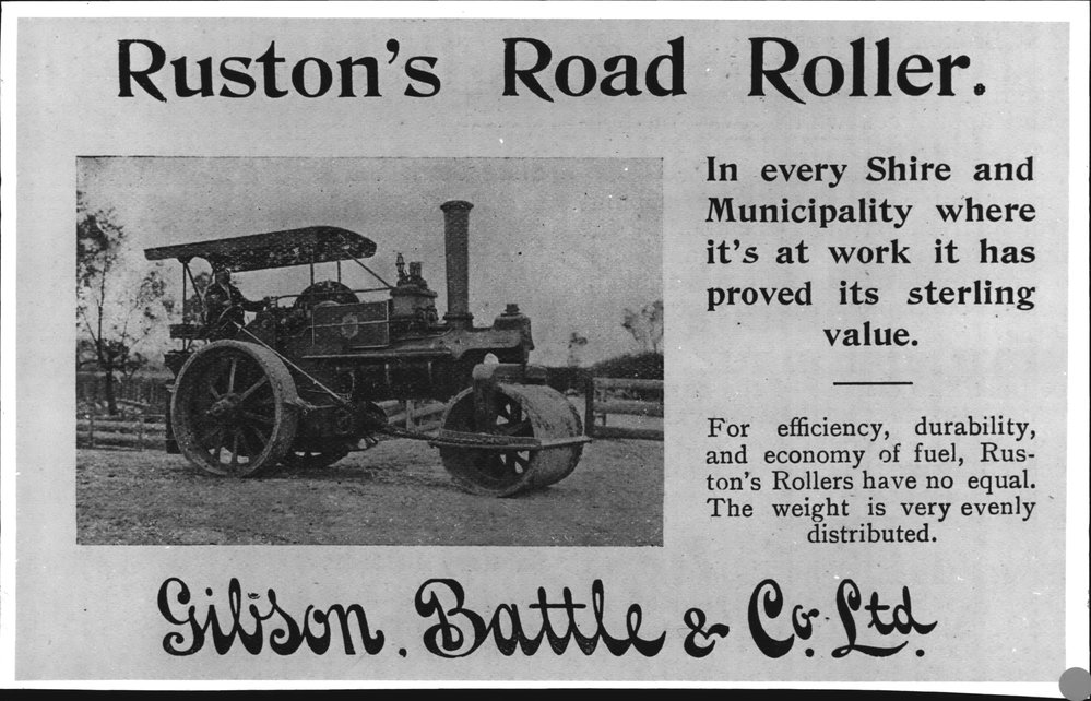 Advertisement for Ruston's Road Roller - Gibson Battle &amp; Co. Ltd.