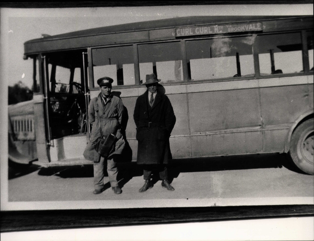 George Sayce with bus and driver, Curl Curl