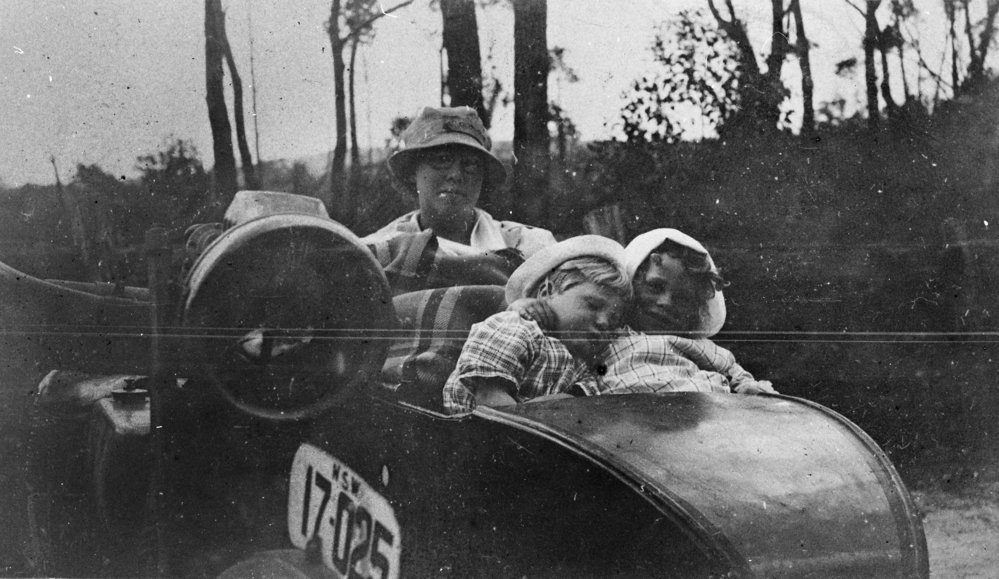 Katherina Hayman with Joyce and Max, in motorbike and sidecar, Frenchs Forest