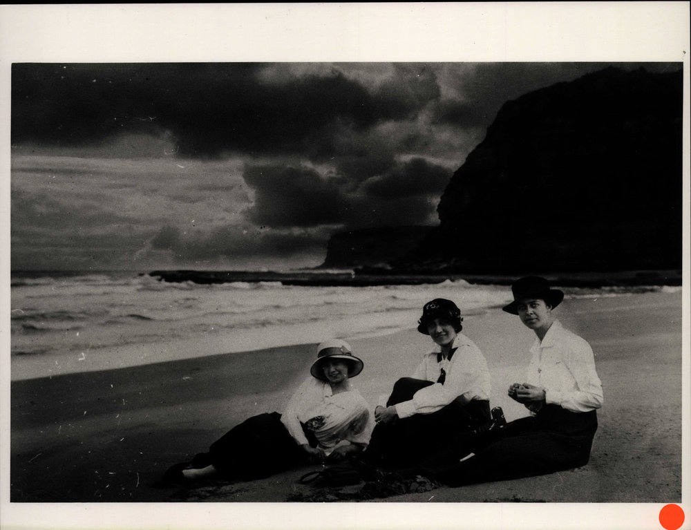 Miss Strickland, Miss Cadman and Margaret on Bilgola Beach