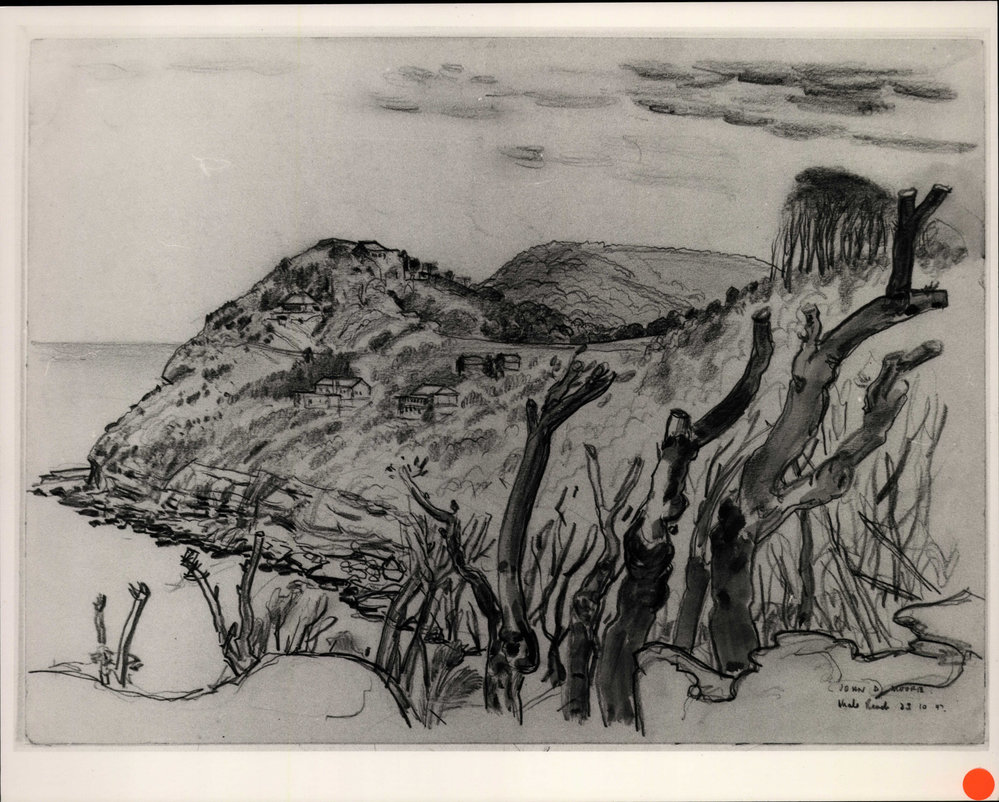 Whale Beach southern headland, sketch by John D Moore pencil &amp; ink wash 