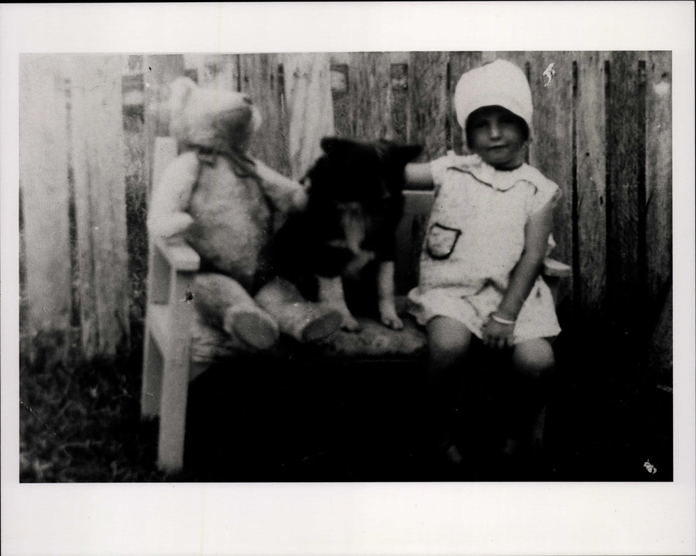 Jean Phillips with Teddy and a dog, North Curl Curl 