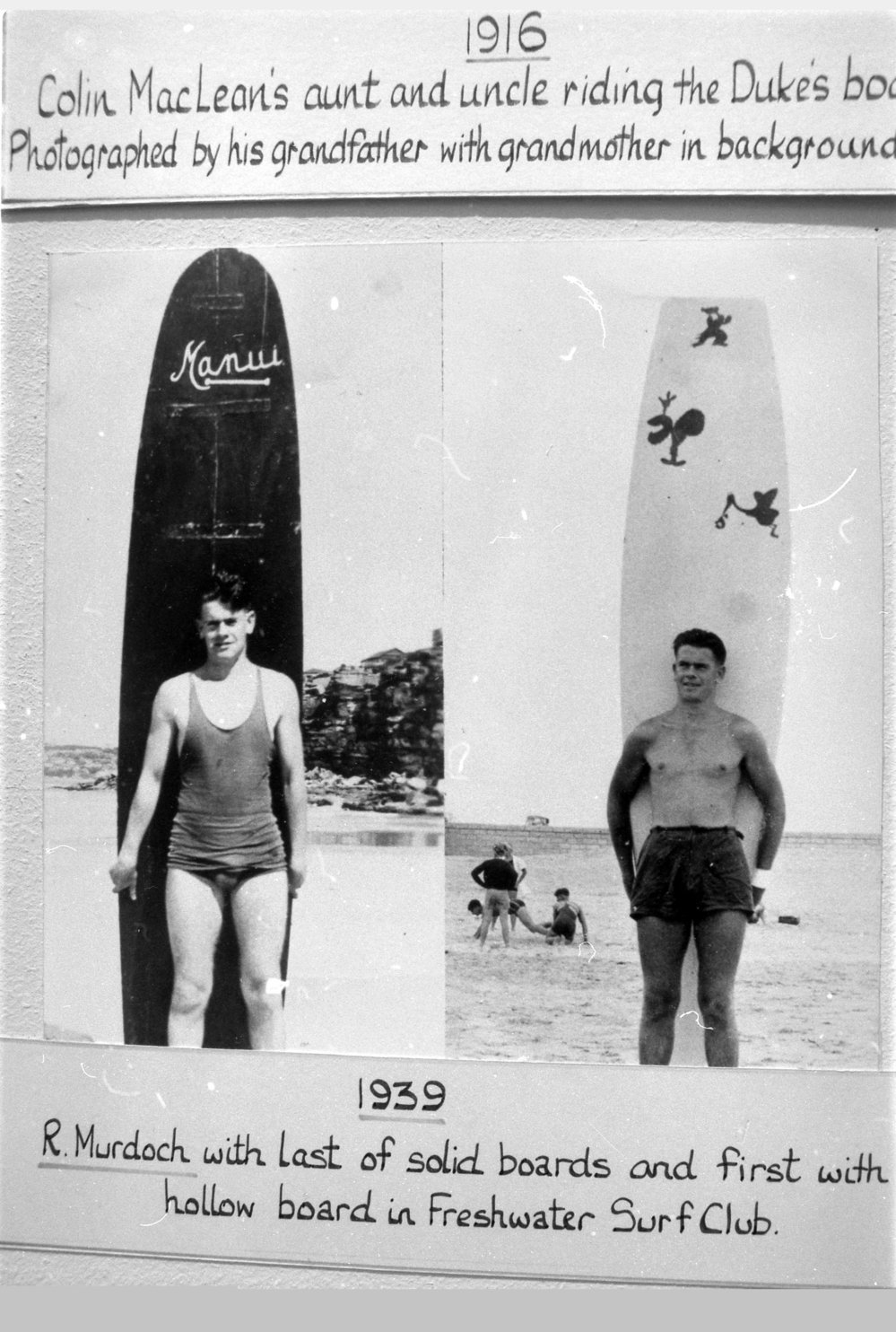 R. Murdoch pictured with last solid surfboard and first hollow surfboard in Freshwater
