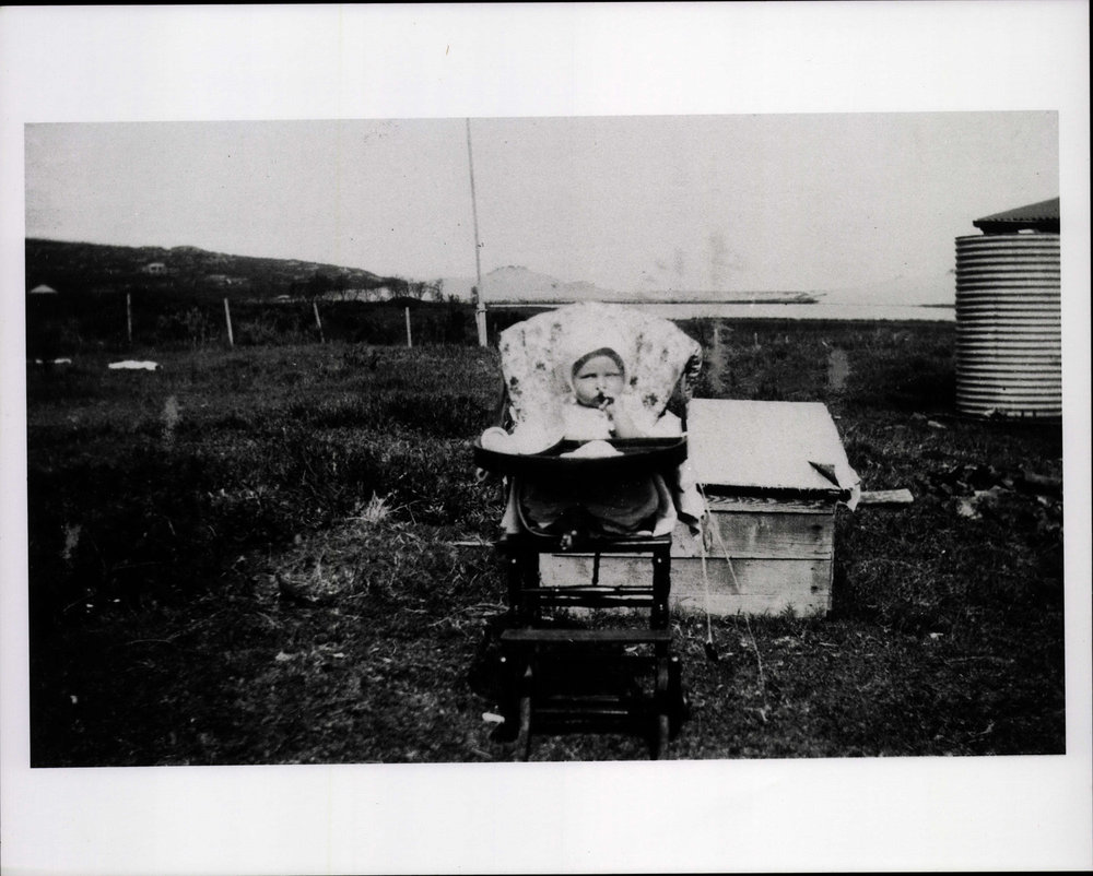 Jean Phillips in push chair, North Curl Curl