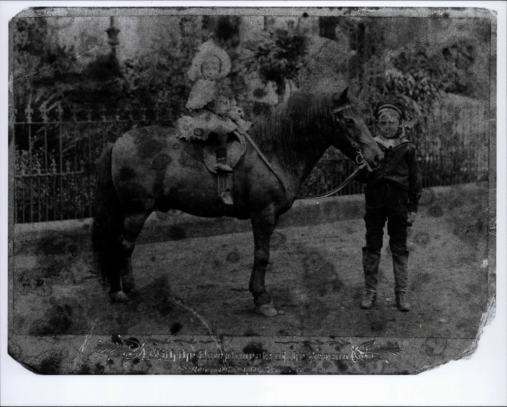 Oswell Brock holding the reins of a pony, Mona Vale