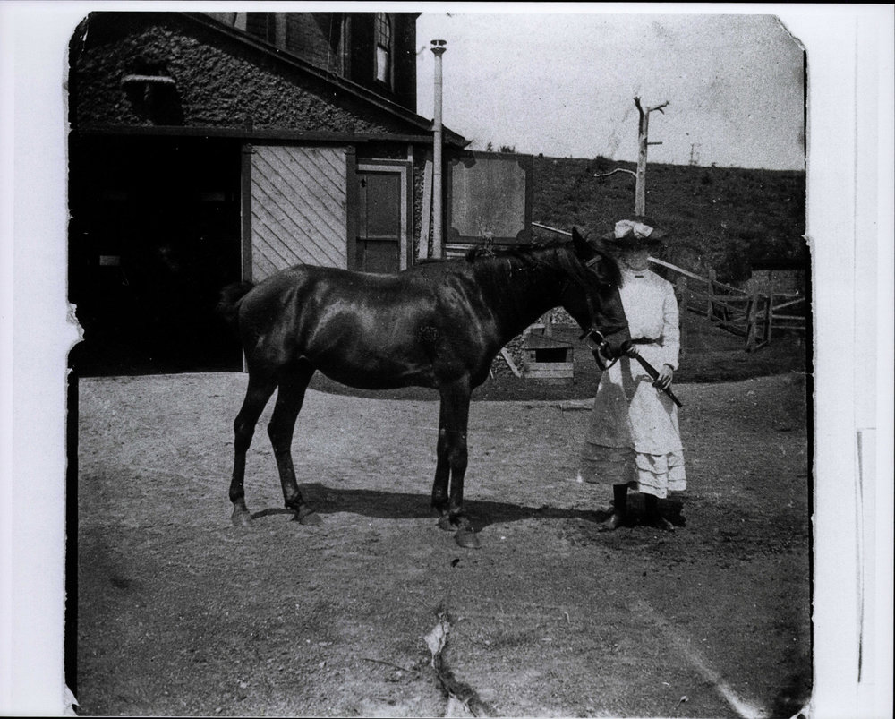 Dorothy Brock with horse at La Corniche, Mona Vale