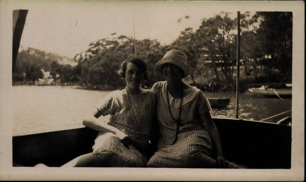 Hilda Kelly and friend boating at Pittwater