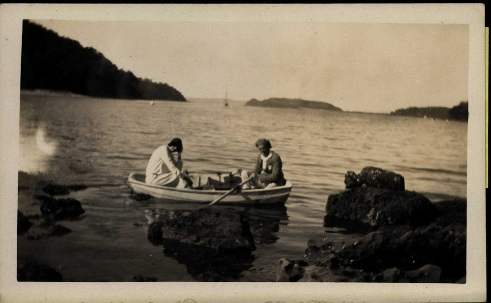 Hilda Kelly and friend boating at the Basin, Pittwater