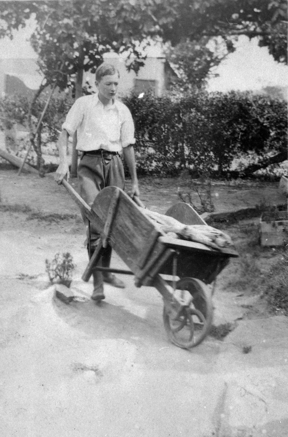 Robert Yewen with wheelbarrow, Bungan Beach