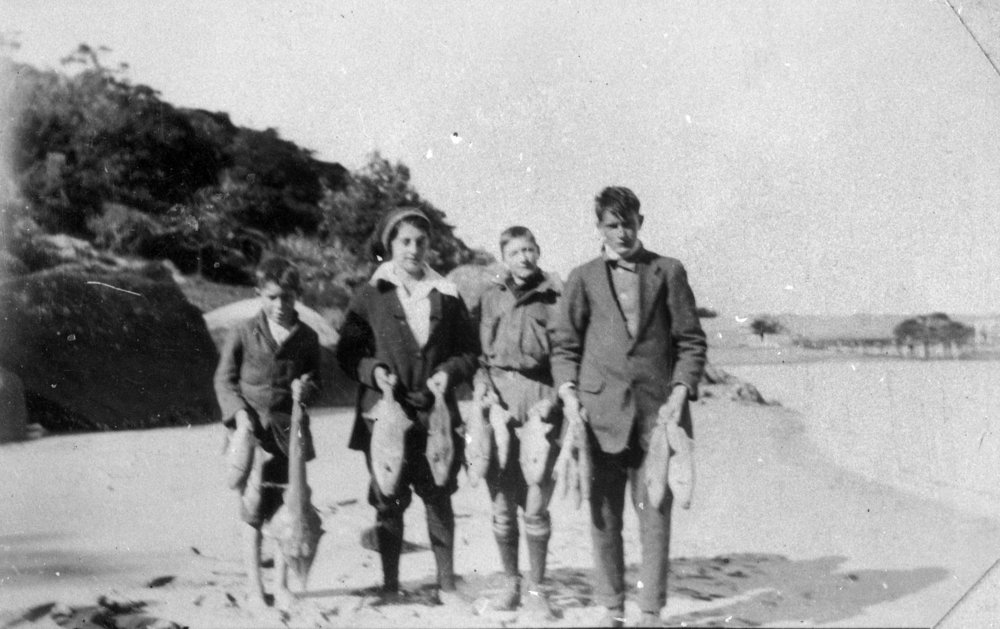 Boys including Stan and Bob Yewen with fish, Newport Beach