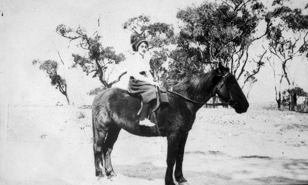 Joyce Beeby riding a horse, Newport