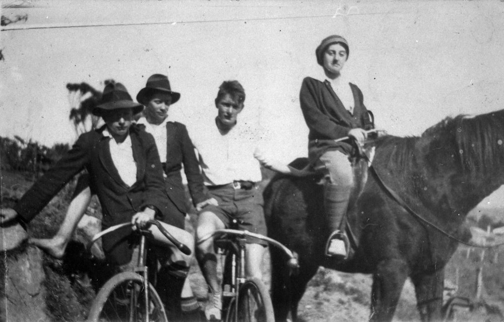 Stan Yewen on bicycle and Joyce Beeby on horse, Newport