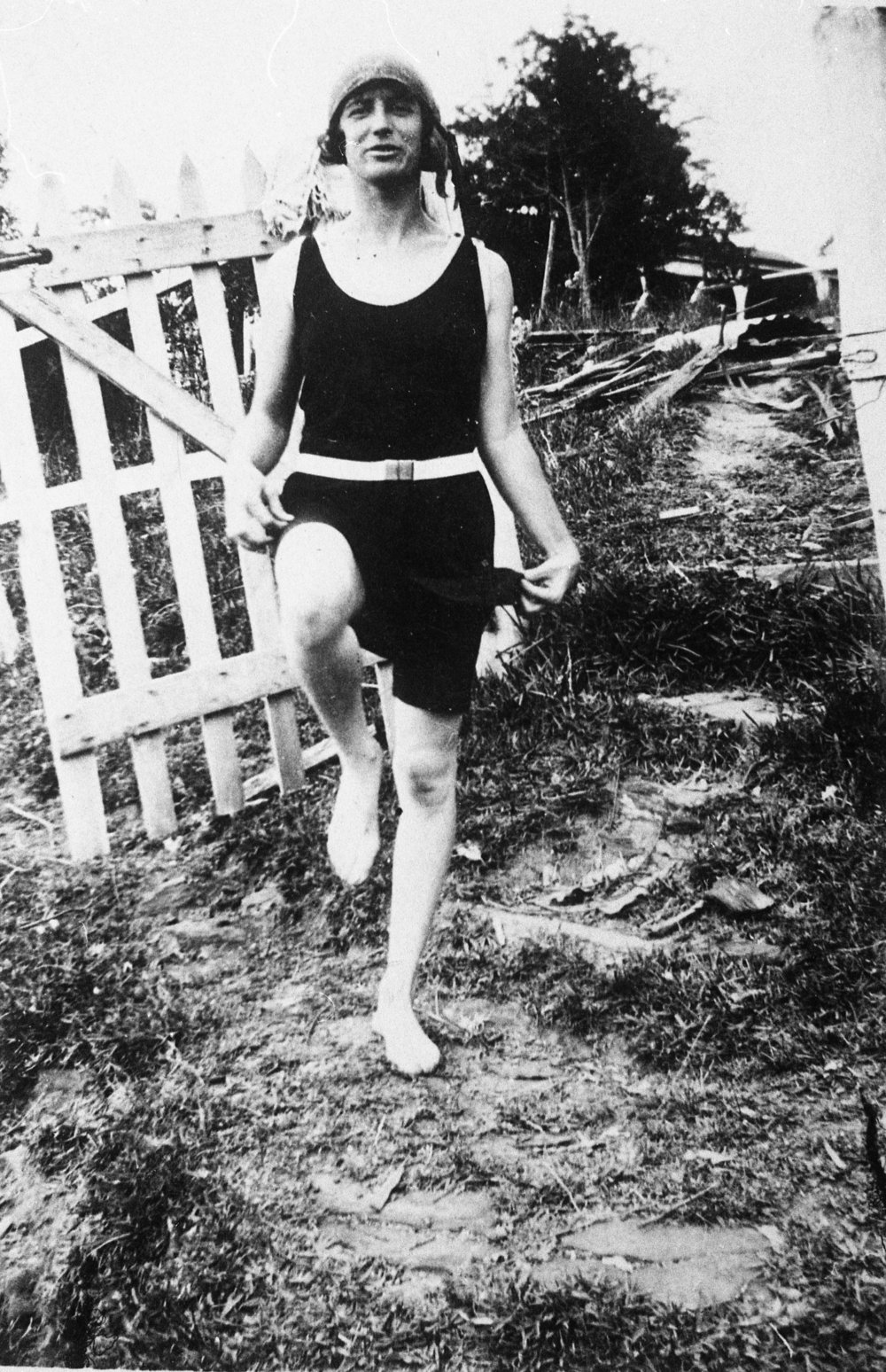 P Douglas in bathing suit at Newport