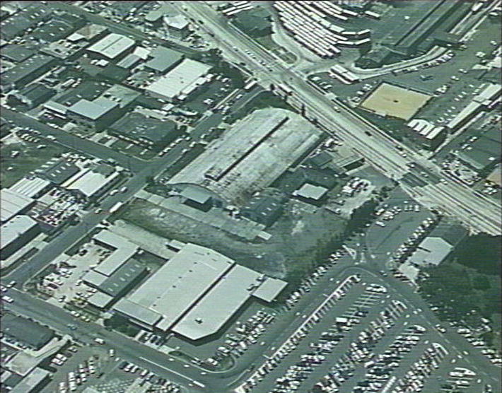 Aerial view of Pittwater Road and Cross Street intersection, Brookvale, showing the Mynor Factory