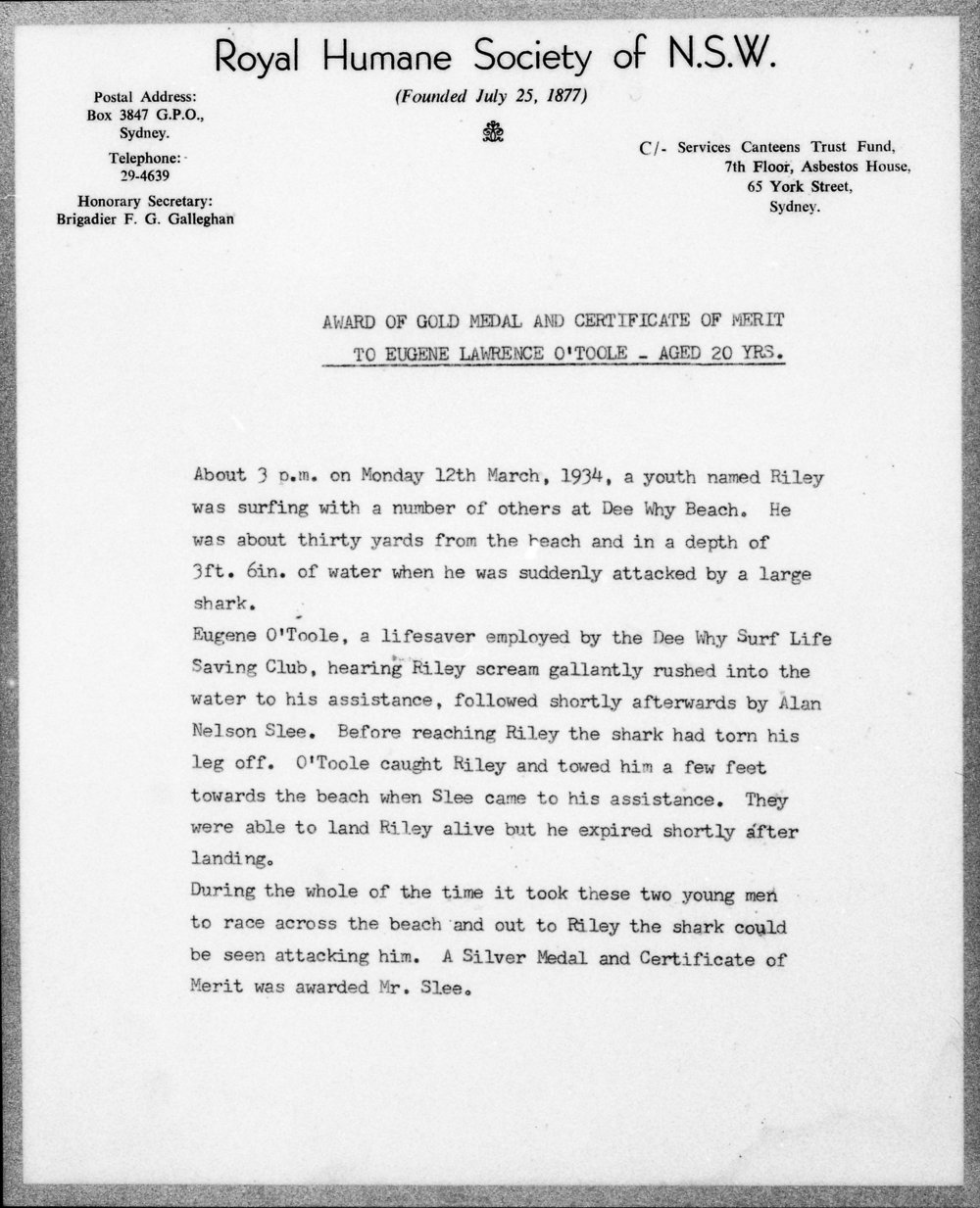 Shark attack Rescue, Dee Why Beach, Letter from Royal Humane Society