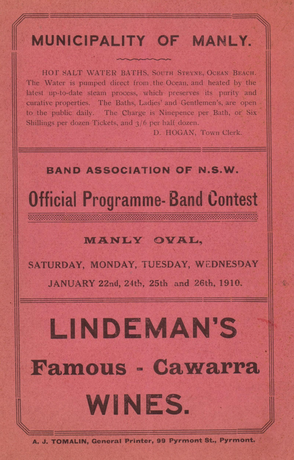 Manly Town Band Official Programme Band Contest 1910