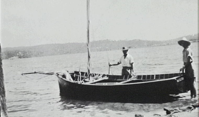 Men with boat, Narrabeen Lagoon, 1950s