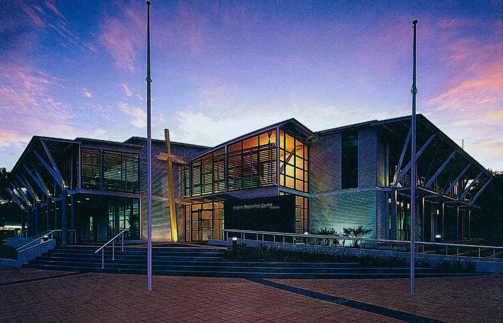 Front entry of Avalon Recreation Centre at night. 