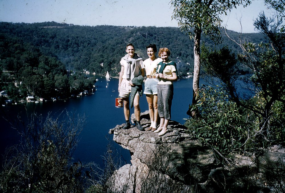 Margaret Pilgrim and two friends standing at Brown's Bay, Church Point  
