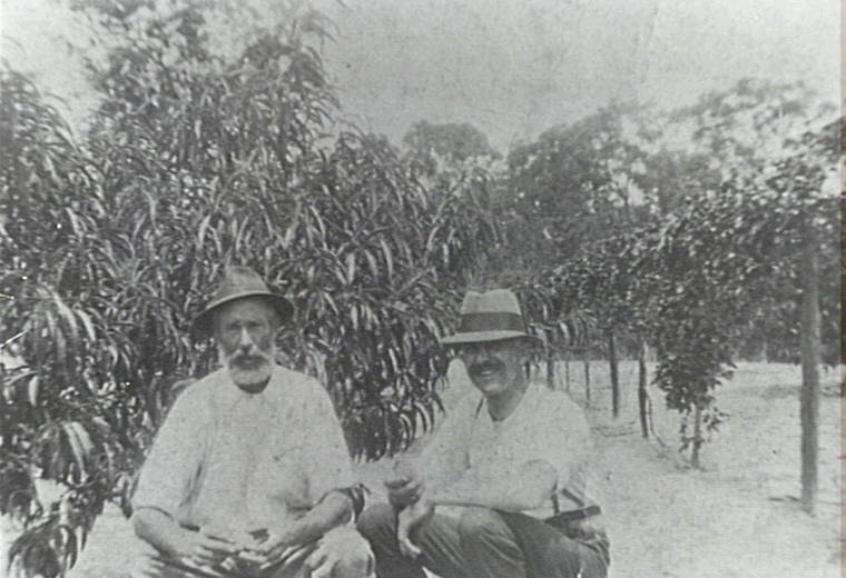 Isaac Larkin and another man sitting in the orchard on Isaac's Waratah Farm, Ingleside