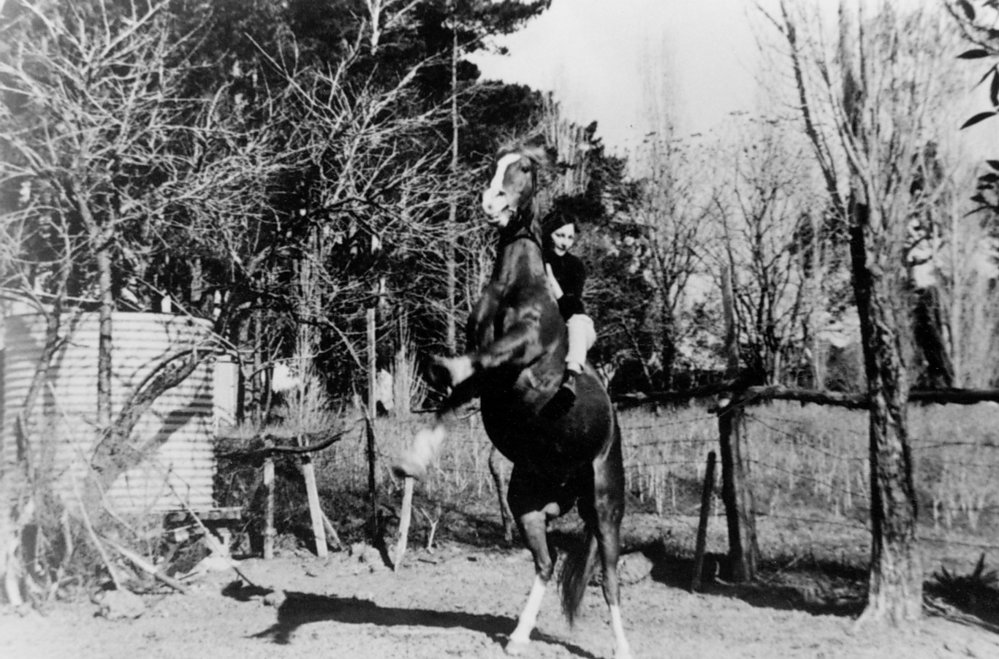 Janet Britt riding "Chess" at her home in Ingleside.