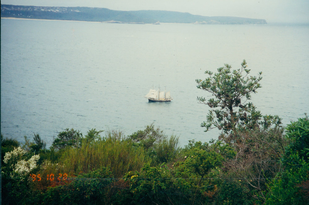 Wooden Barquentine 'Svanen' tall ship entering Broken Bay