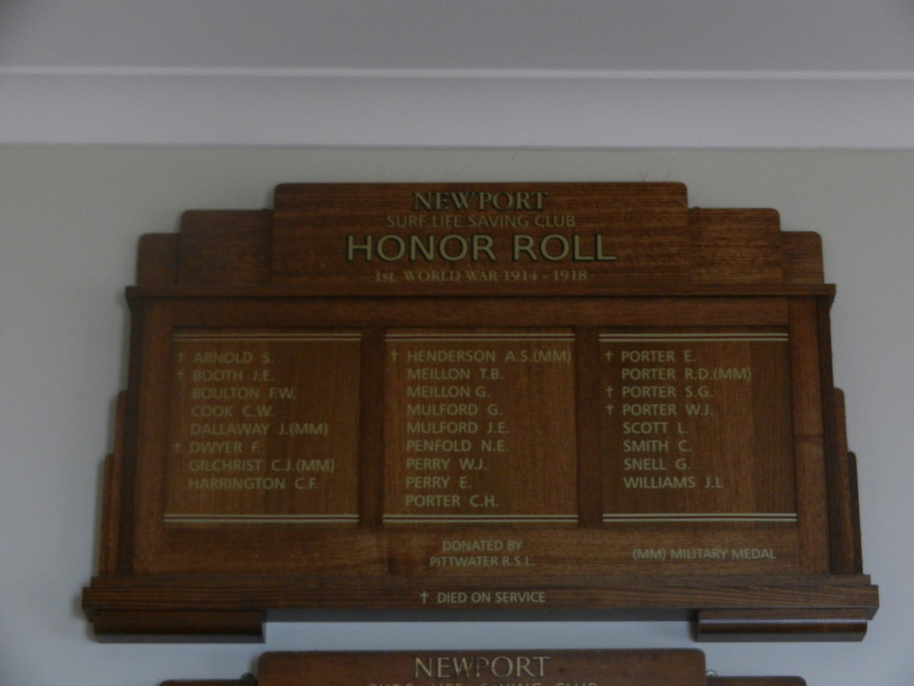 Newport Surf Life Saving Club WWI Honor Board